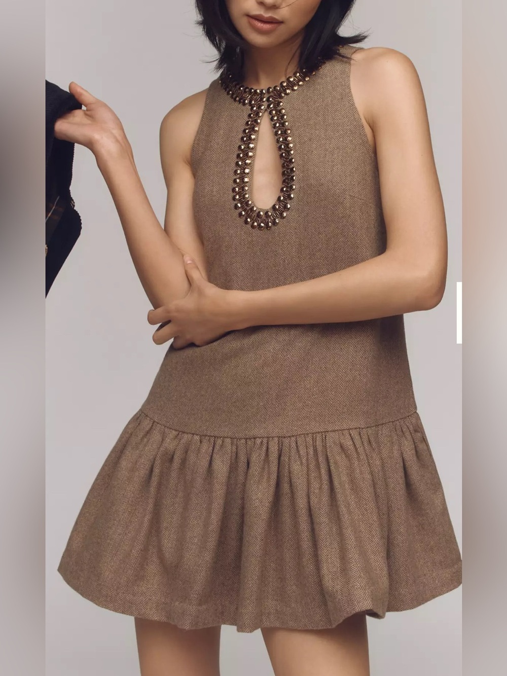 NWT new small Anthropologie beaded keyhole sleeveless dress brown wool tweed
